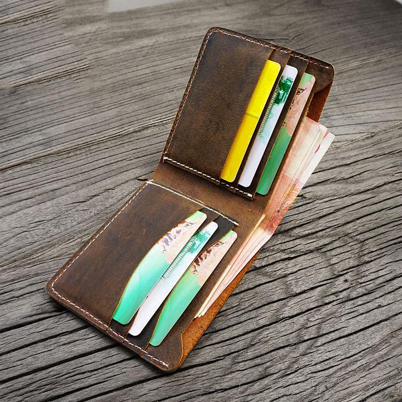 Handmade Brown Leather Mens Billfold Wallets Slim Brown Bifold Small Wallet for Men
