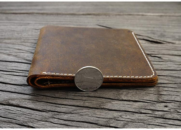 Handmade Brown Leather Mens Billfold Wallet Slim Brown Bifold Small Wallet for M GJ00881033