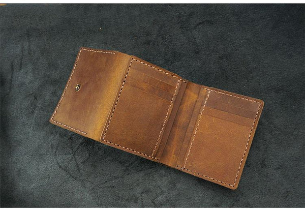 Handmade Brown Leather Mens Trifold Billfold Wallets With License Slot Small Wal GJ01581020