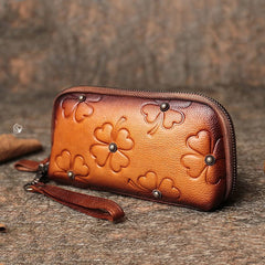 Handmade Clover Brown Leather Wristlet Wallets Womens Zip Around Wallet Ladies Cute Clutch Wallet for Women