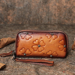 Handmade Clover Brown Leather Wristlet Wallets Womens Zip Around Wallet Ladies Cute Clutch Wallet for Women