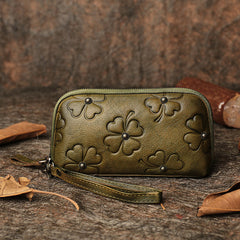 Handmade Clover Green Leather Wristlet Wallets Womens Zip Around Wallet Ladies Cute Clutch Wallet for Women