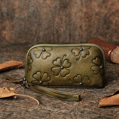 Handmade Clover Olive Green Leather Wristlet Wallets Womens Zip Around Wallet Ladies Cute Clutch Wallet for Women