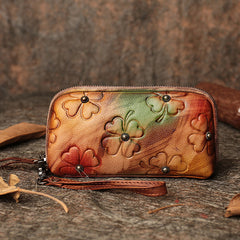 Handmade Clover Colorful Brown Leather Wristlet Wallets Womens Zip Around Wallet Ladies Cute Clutch Wallet for Women