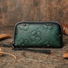 Handmade Clover Leather Wristlet Wallets Womens Zip Around Wallet Ladies Cute Clutch Wallet for Women