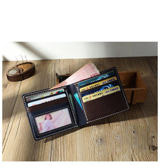Handmade Blue Leather Billfold Wallets Personalized Mens Contrast Color Wallets for Men