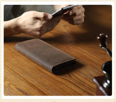 Handmade Coffee Leather Mens Bifold Long Wallets Personalized Black Checkbook Wallet for Men
