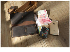 Handmade Blue Leather Mens Bifold Long Wallets Personalized Blue Checkbook Wallets for Men