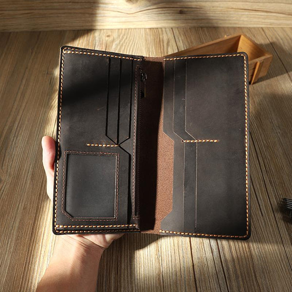 Handmade Coffee Leather Mens Bifold Long Wallets Personalized Coffee Checkbook Wallets for Men