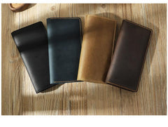 Handmade Black Leather Mens Bifold Long Wallets Personalized Black Checkbook Wallets for Men