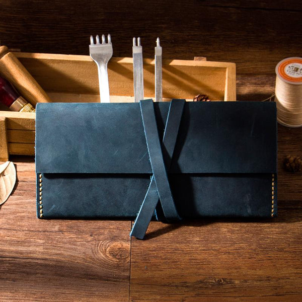 Handmade Blue Leather Womens Long Wallets Personalized - Back View