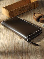 Handmade Tan Mens Zipper Long Wallets Personalized Leather Around Zipper Wallets for Men