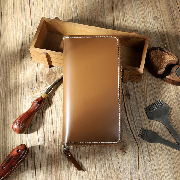 Handmade Tan Mens Zipper Long Wallets Personalized Leather Around Zipper Wallets for Men