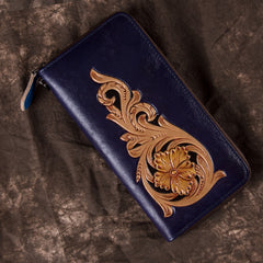 Handmade Floral Coffee Leather Wristlet Wallet Womens Zip Around Wallets Flowers Ladies Zipper Clutch Wallet for Women