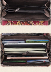 Handmade Floral Coffee Leather Wristlet Wallet Womens Zip Around Wallets Flowers Ladies Zipper Clutch Wallet for Women