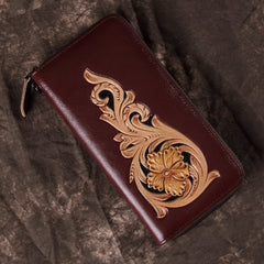 Handmade Floral Coffee Leather Wristlet Wallet Womens Zip Around Wallets Flowers Ladies Zipper Clutch Wallet for Women