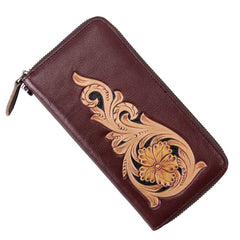 Handmade Floral Coffee Leather Wristlet Wallet Womens Zip Around Wallets Flowers Ladies Zipper Clutch Wallet for Women