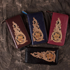 Handmade Floral Coffee Leather Wristlet Wallet Womens Zip Around Wallets Flowers Ladies Zipper Clutch Wallet for Women