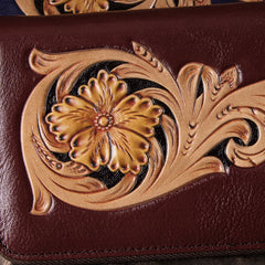Handmade Floral Coffee Leather Wristlet Wallet Womens Zip Around Wallets Flowers Ladies Zipper Clutch Wallet for Women