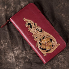 Handmade Floral Black Leather Wristlet Wallet Womens Zip Around Wallets Flowers Ladies Zipper Clutch Wallet for Women