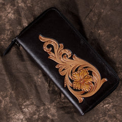 Handmade Floral Coffee Leather Wristlet Wallet Womens Zip Around Wallets Flowers Ladies Zipper Clutch Wallet for Women
