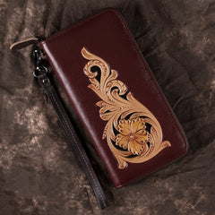 Handmade Floral Coffee Leather Wristlet Wallet Womens Zip Around Wallets Flowers Ladies Zipper Clutch Wallet for Women