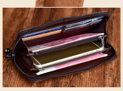 Handmade Floral Black Leather Wristlet Wallet Crocodile Pattern Womens Zip Around Wallets Flowers Ladies Zipper Clutch Wallet for Women