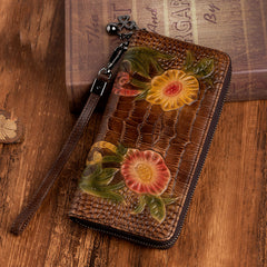 Handmade Floral Black Leather Wristlet Wallet Crocodile Pattern Womens Zip Around Wallets Flowers Ladies Zipper Clutch Wallet for Women