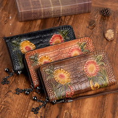 Handmade Floral Black Leather Wristlet Wallet Crocodile Pattern Womens Zip Around Wallets Flowers Ladies Zipper Clutch Wallet for Women