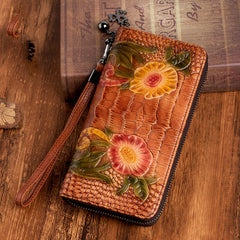Handmade Floral Coffee Leather Wristlet Wallet Crocodile Pattern Womens Zip Around Wallets Flowers Ladies Zipper Clutch Wallet for Women