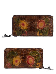 Handmade Floral Black Leather Wristlet Wallet Crocodile Pattern Womens Zip Around Wallets Flowers Ladies Zipper Clutch Wallet for Women