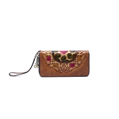 Handmade Floral Red Leather Wristlet Wallet Womens Zip Around Wallets Floral Cards Ladies Zipper Clutch Wallet for Women