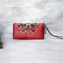 Handmade Floral Leather Wristlet Wallet Womens Zip Around Wallets Floral Cards Ladies Zipper Clutch Wallet for Women
