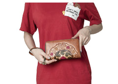Handmade Floral Leather Wristlet Wallet Womens Zip Around Wallets Floral Cards Ladies Zipper Clutch Wallet for Women
