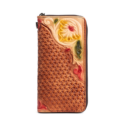 Handmade Flowers Brown Leather Wristlet Wallet Womens Floral Zip Around Wallets Flowers Ladies Zipper Clutch Wallet for Women