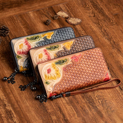 Handmade Flowers Coffee Leather Wristlet Wallet Womens Floral Zip Around Wallets Flowers Ladies Zipper Clutch Wallet for Women