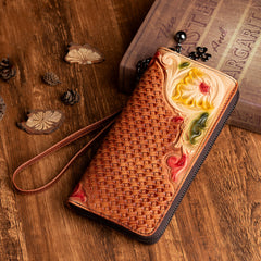 Handmade Flowers Leather Wristlet Wallet Womens Floral Zip Around Wallets Flowers Ladies Zipper Clutch Wallet for Women