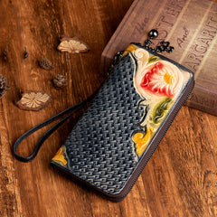 Handmade Flowers Coffee Leather Wristlet Wallet Womens Floral Zip Around Wallets Flowers Ladies Zipper Clutch Wallet for Women