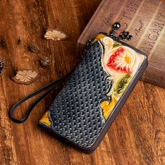 Handmade Flowers Leather Wristlet Wallet Womens Floral Zip Around Wallets Flowers Ladies Zipper Clutch Wallet for Women