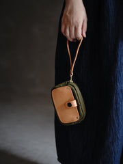Handmade Green Canvas Leather Wristlet Wallet Zip Clutch Wallet Womens Green Ladies Zip Around Wallets for Women