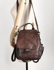 Handmade Convertible Leather Backpacks Womens Best Coffee Leather Shoulder Purse School Rucksack