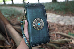 Handmade Black Leather Tibetan Totem Long Wallet Cool Zipper Clutch Wristlet Wallet for Men