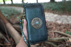 Handmade Tan Leather Tibetan Totem Long Wallet Cool Zipper Clutch Wristlet Wallet for Men