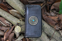 Handmade Tan Leather Tibetan Totem Long Wallet Cool Zipper Clutch Wristlet Wallet for Men
