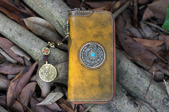 Handmade Leather Tibetan Long Biker Wallet Cool Zipper Clutch Wristlet Wallet for Men