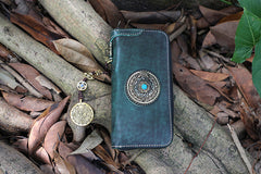 Handmade Green Leather Tibetan Totem Long Wallet Cool Zipper Clutch Wristlet Wallet for Men