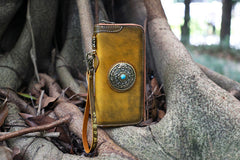 Handmade Green Leather Tibetan Totem Long Wallet Cool Zipper Clutch Wristlet Wallet for Men