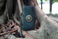 Handmade Green Leather Tibetan Totem Long Wallet Cool Zipper Clutch Wristlet Wallet for Men