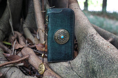 Handmade Tan Leather Tibetan Totem Long Wallet Cool Zipper Clutch Wristlet Wallet for Men