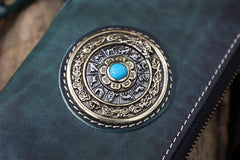 Handmade Leather Tibetan Long Biker Wallet Cool Zipper Clutch Wristlet Wallet for Men